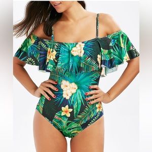 Women’s Tropical palm tree cold shoulder swimsuit